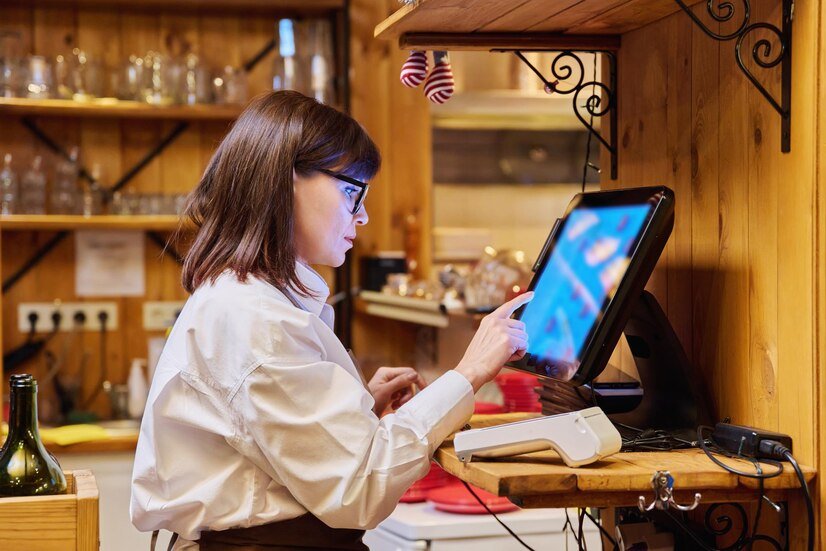 female-restaurant-worker-using-computer-terminal-while-serving-customers_116407-27099