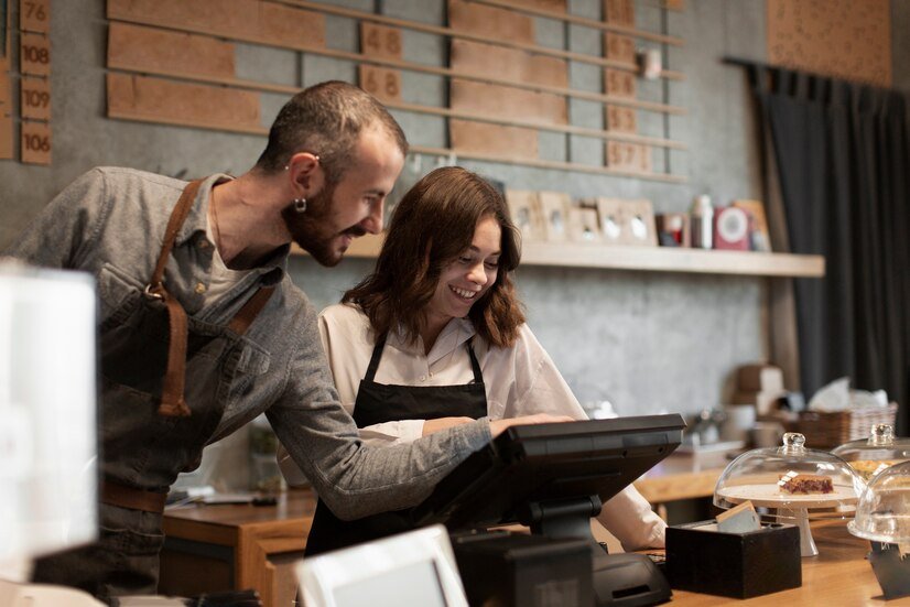 smiling-man-woman-cash-register